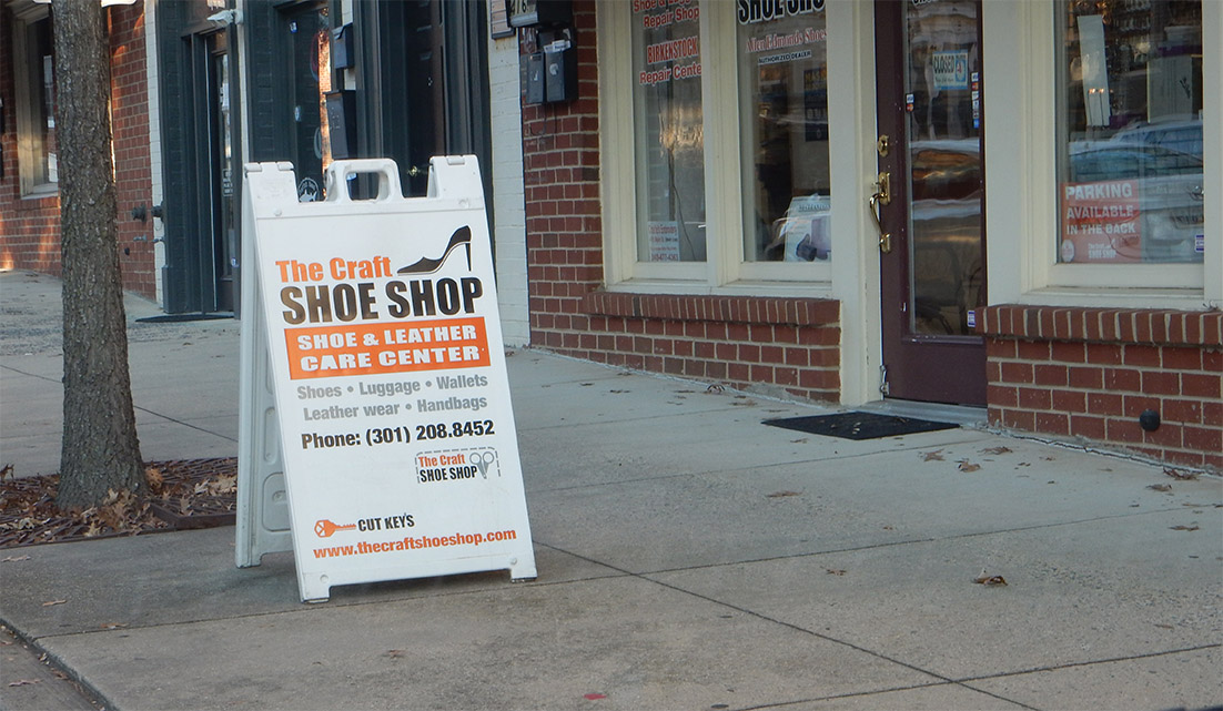 sidewalk sign for Craft Shoe Shop Gaithersburg, MD